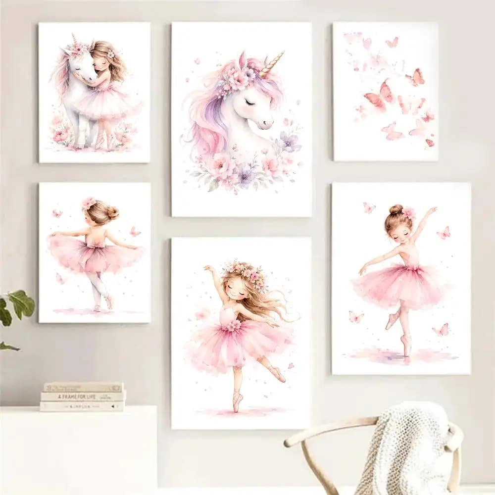 Pink Ballerina Girl Unicorn Butterfly Painting Calligraphy Room Home Bedroom Interior Wall Decoration Canvas Poster Art Mural