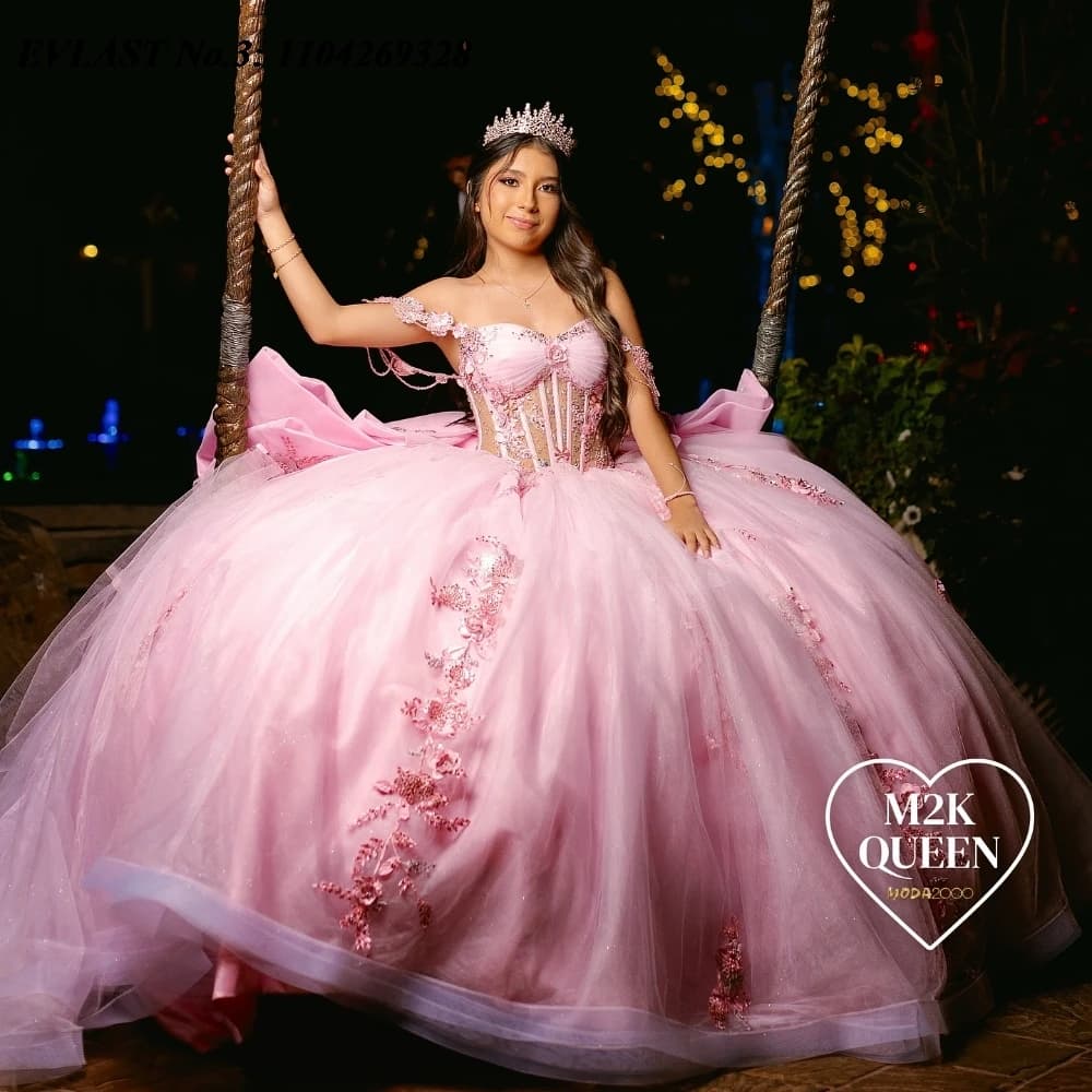 EVLAST Personalizzato Rosa Lucido Floreale Abito Quinceanera Abito di Sfera Applique di Pizzo Che Borda Arco Dolce 16 Vestido De 15 Anos E3Q198