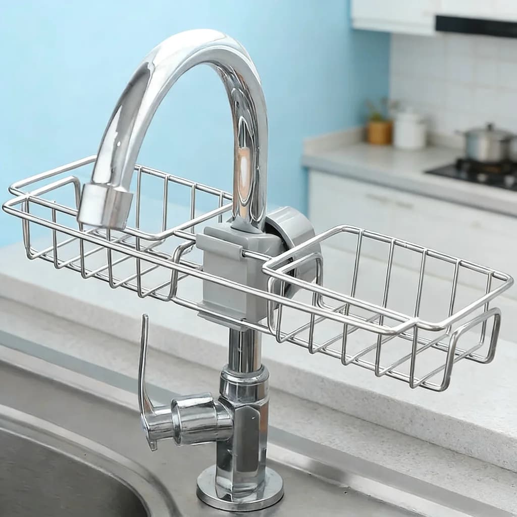 Stainless Steel Faucet Shelf Organizer with Sponge Soap Drain Basket, No Drill Above Sink Storage Rack for Kitchen Bathroom 