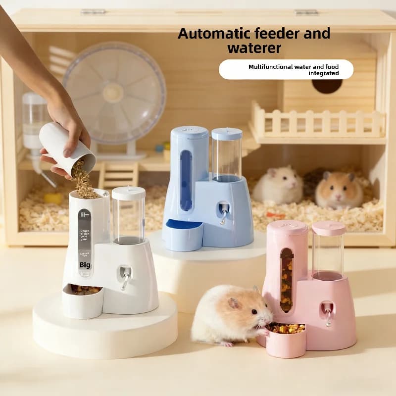 Hamster water bottle feeder, small pet water dispenser, vertical ball bearing waterer, food bowl, two-in-one hamster supplies