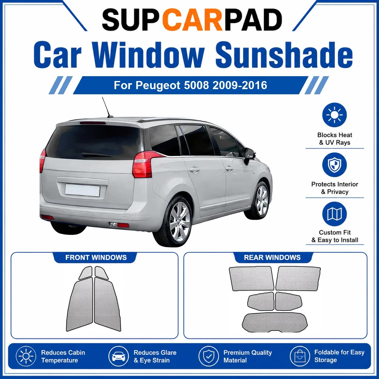 For Peugeot - Peugeot 5008 2009-2016 Full Set Car Window Sunshades UV Block Privacy Heat Insulated Foldable Car Curtain