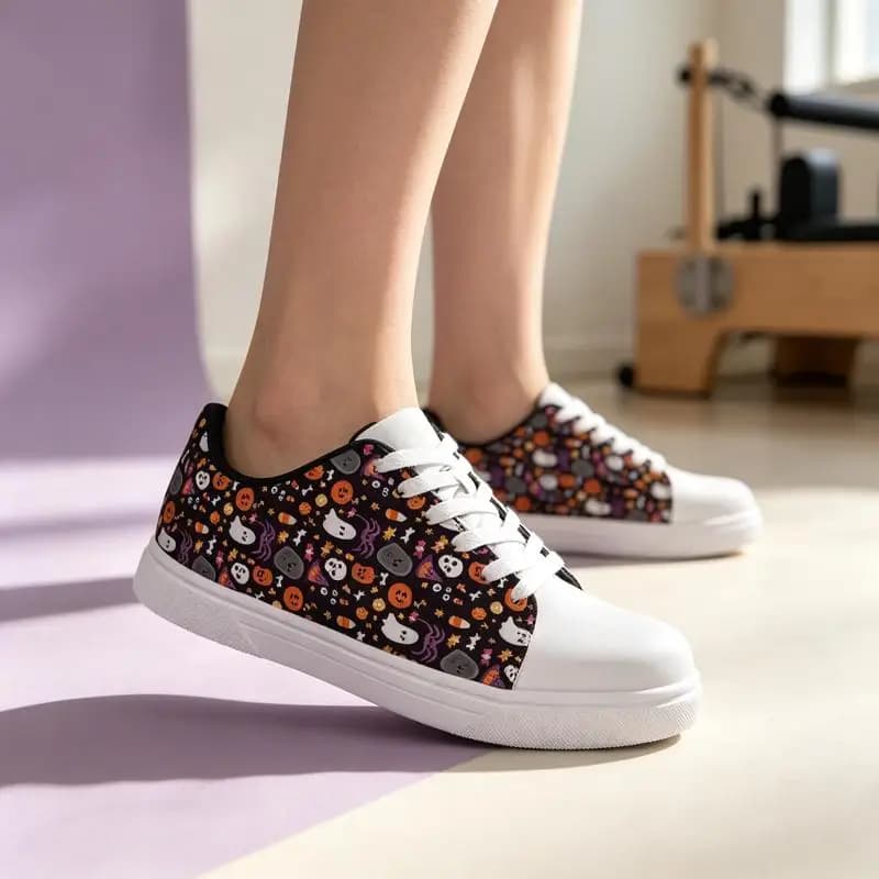 Ladies Men's Road Running Shoes，Halloween-themed printed casual sneakers，White soles with a festive ghost pumpkin pattern，Suitab