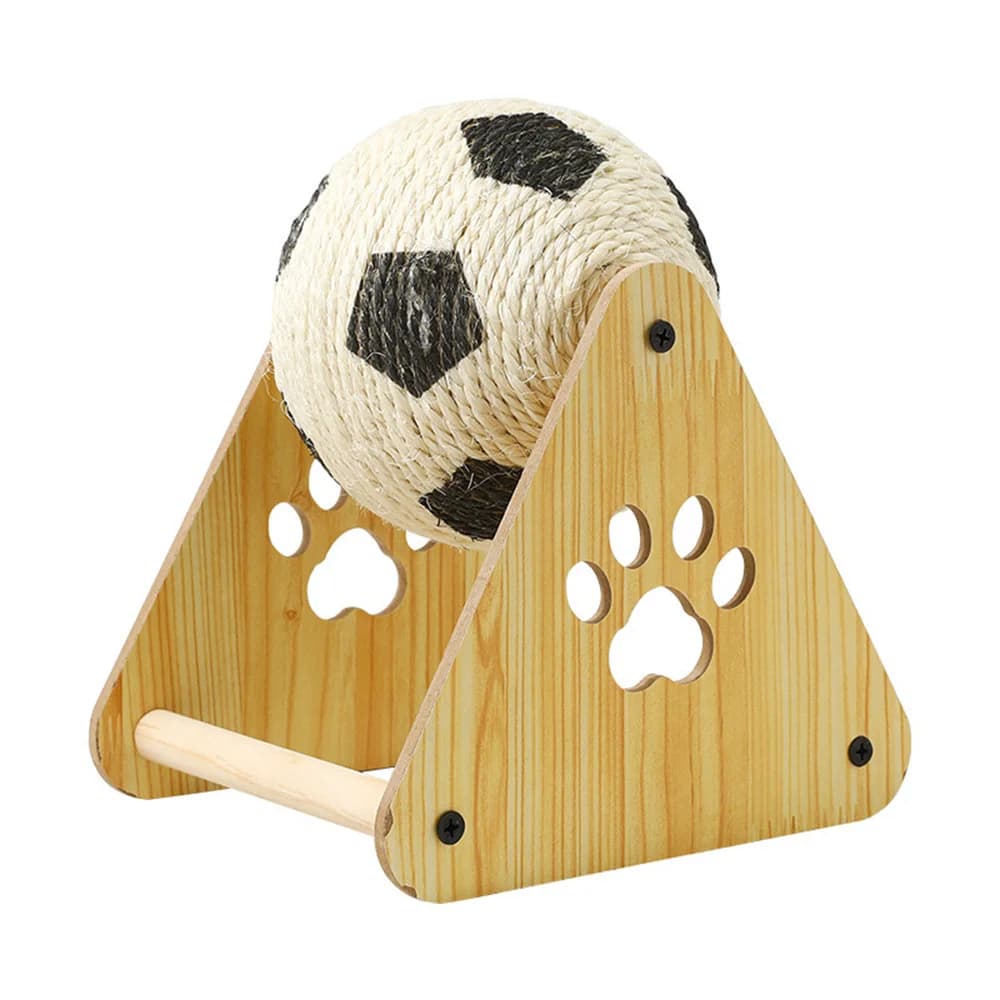 A cat tree in the shape of a standing soccer ball, durable claw grinder, and self play mechanism that does not detach