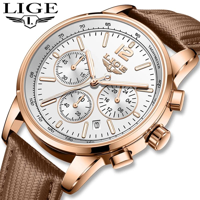 LIGE New Luxury Men's Watch, Leather Men's Watch, Fashionable, Work, Casual, Sports, Military, Waterproof, Quartz Chronograph, Men's Watch