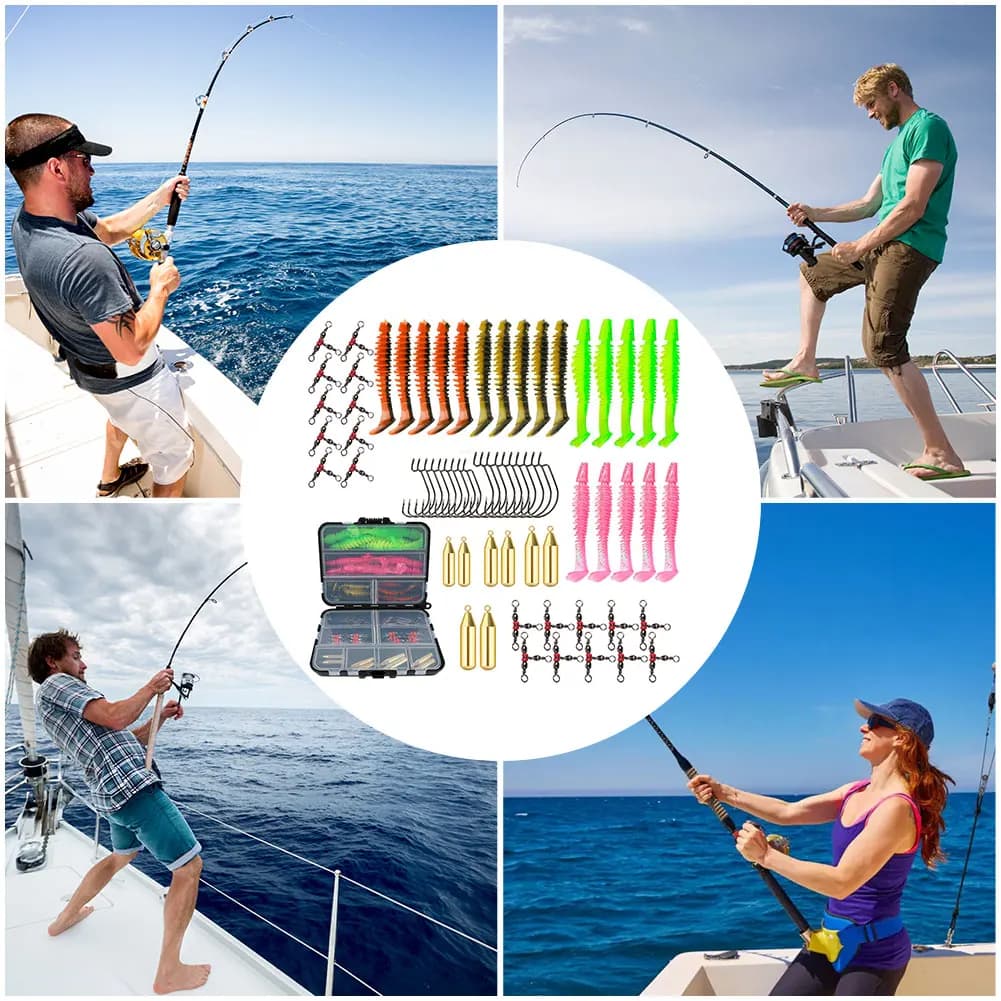 Kit of T-tailed fishing baits with Toolbox, Spins, Ami and Accessories for Artificial baits