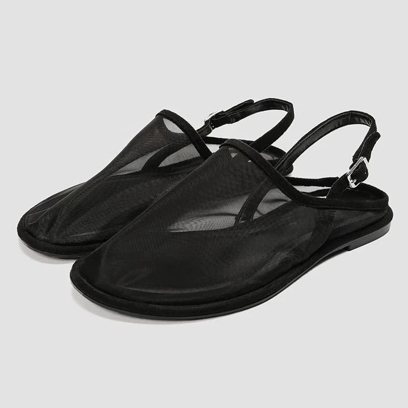 Sandali da donna traspiranti in rete con punta tonda e cinturino con fibbia, pantofole leggere da donna, scarpe basse da donna casual in tinta unita poco profonde