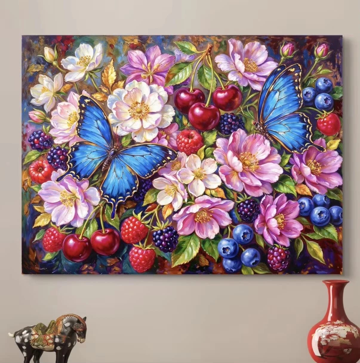 Digital Oil Painting By Numbers Vintage Floral Fruit Blue Butterfly Still Life Hand Painted Canvas Painting, Unframed