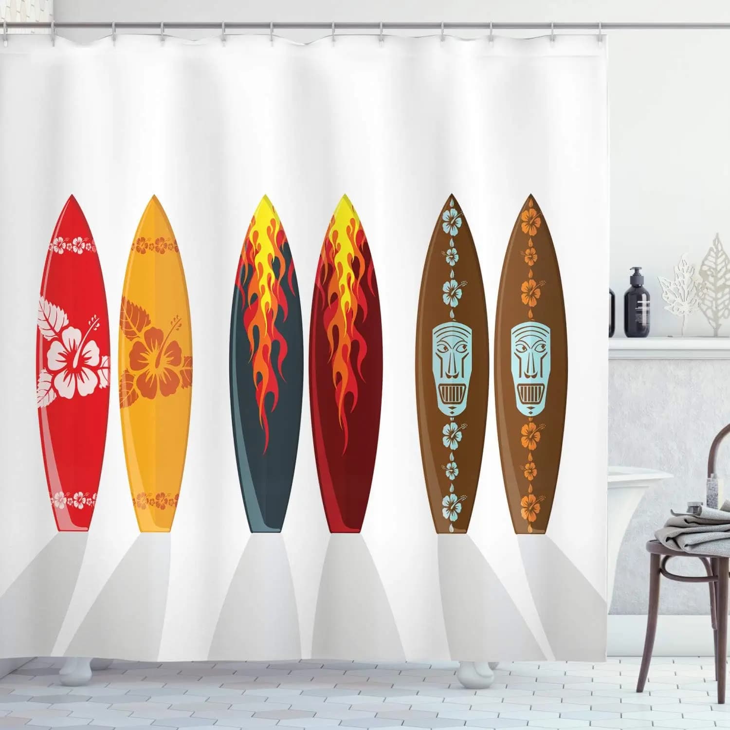 Tenda da doccia per tavola da surf, design tropicale hawaiano, motivo floreale Tiki, decorazione per il bagno a tema spiaggia, tessuto impermeabile, accessori per la casa