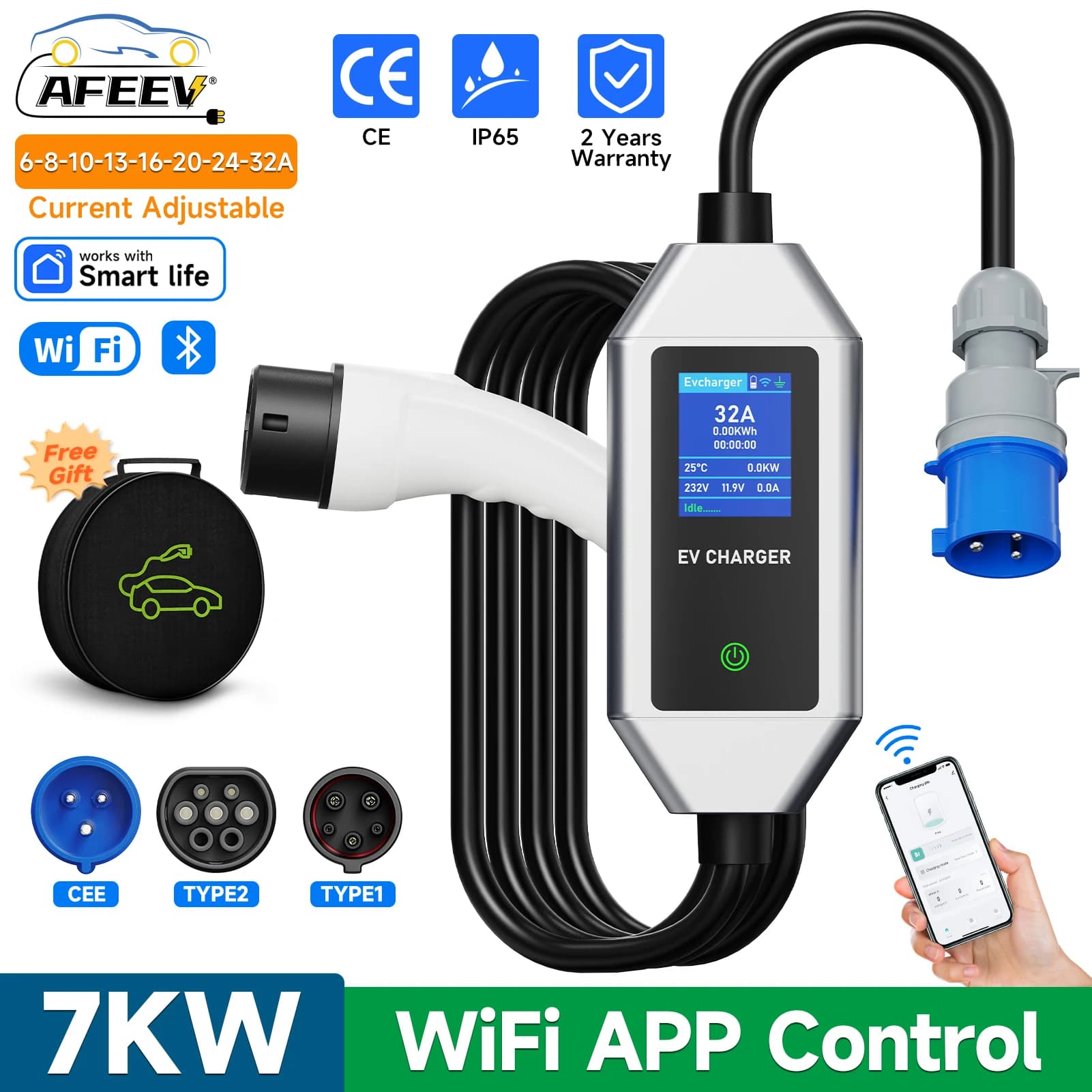 AFEEV 7KW 32A Caricatore EV portatile monofase con controllo APP WiFi Type2/Type1 Caricatore per auto elettrica Wallbox EVSE Cavo di ricarica rapido