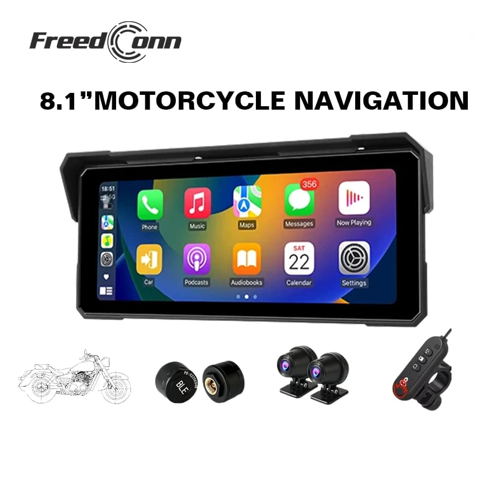 Freedconn Lettore Multimediale Portatile per Moto con CarPlay, Android Auto, Navigazione GPS, Airplay, Schermo da 8,1 Pollici, BT, Impermeabile