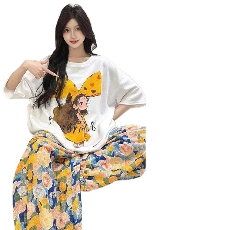 Pajama Women's Summer with Chest Pads Plus Size Loose Cartoon Pajama Set Girly Style Cute Temperament Sweet Can Be Worn Outside