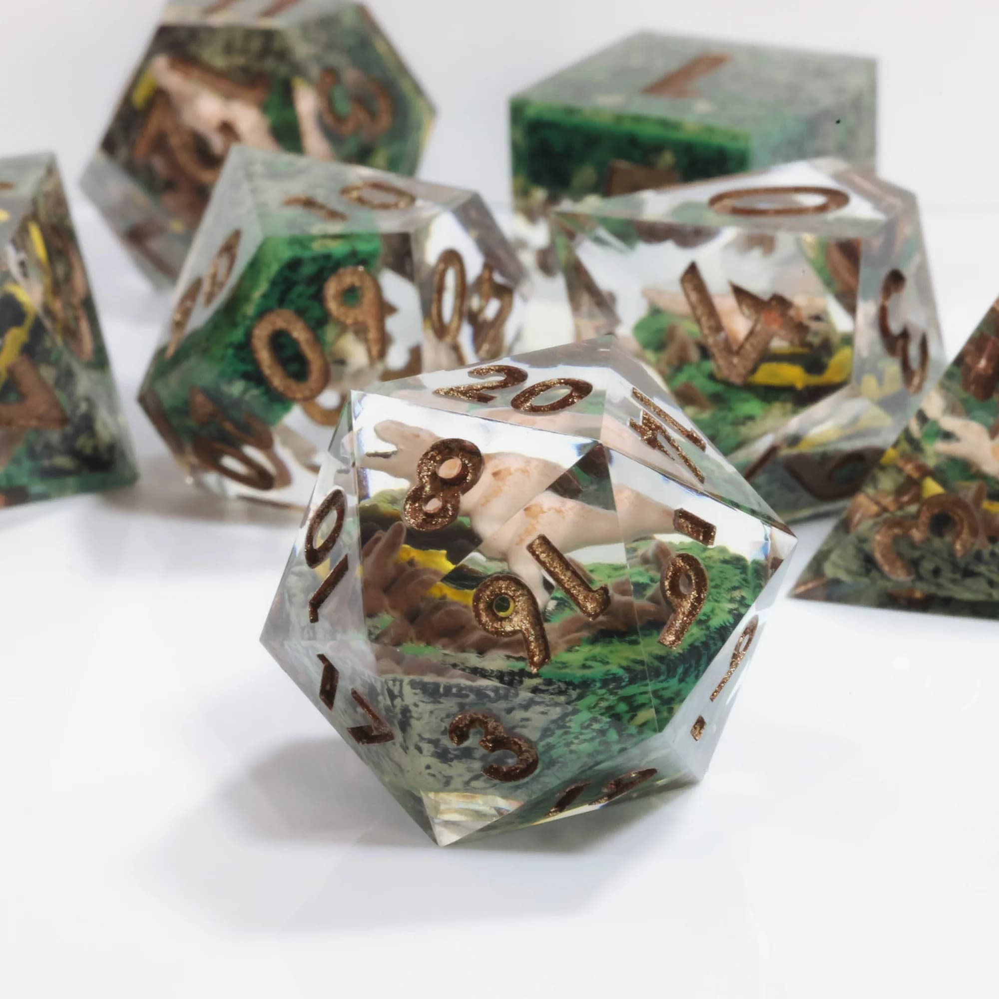 MINI PLANET Set di dadi DND con dinosauro stampato in 3D Dadi in resina fatti a mano per TRPG Dungeons e Dragons Dadi da gioco da tavolo D&D D6 D20