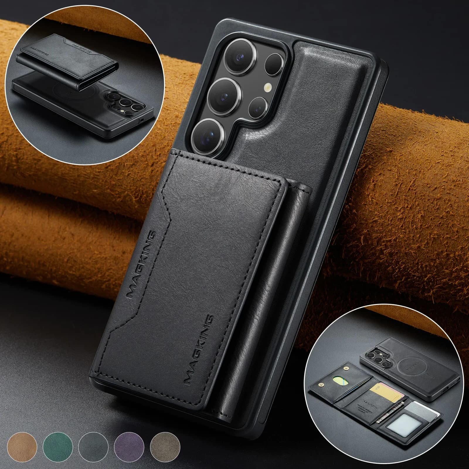 Custodia 2 IN 1 per Samsung Galaxy S25 S24 Ultra Plus FE Caricatore wireless Magsafe Portafoglio Schiuma Tasca per carte Custodia con cavalletto magnetico