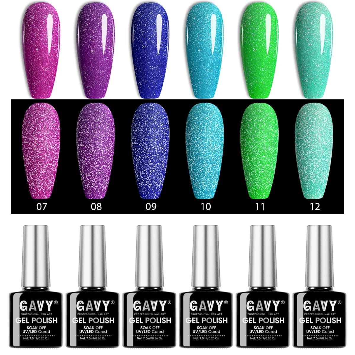 Set di 6 Smalti Gel Glitterati - Kit di Smalti Gel UV LED Soak Off Rosa, Viola, Blu, Verde Teal Brillanti, per Nail Art Riflettente