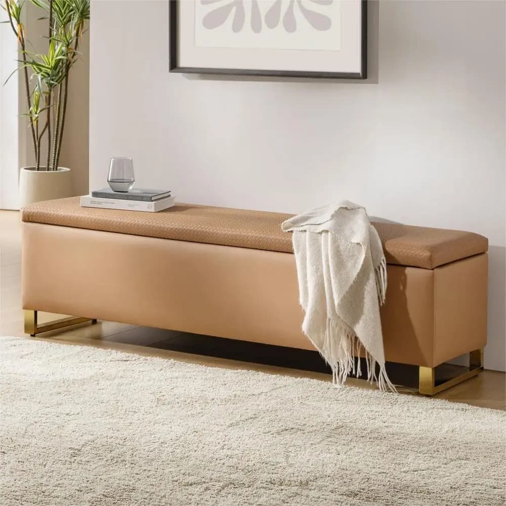 Panca contenitore imbottita con pouf, panca moderna da fondo letto, poggiapiedi imbottito con gambe dorate per soggiorno