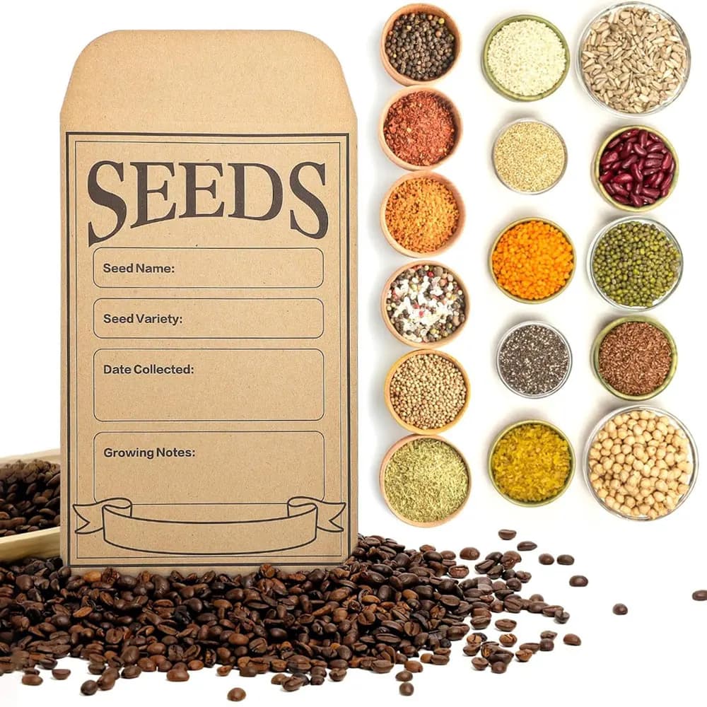 Packs of brown kraft paper seeds, coin bags with storage seeds of 50 envelopes of rich seeds for harvesting vegetables, flowers and vegetables