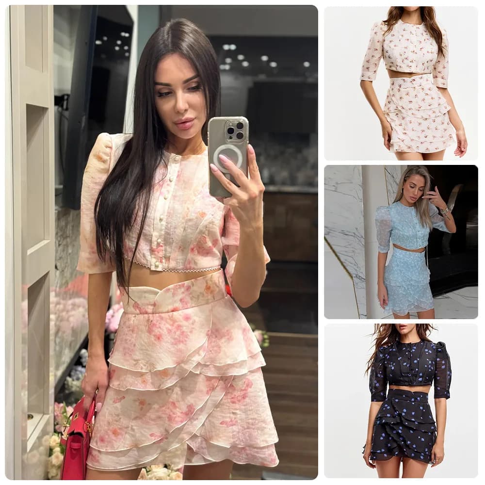 Floral Printed Matching Set Crew Neck Puff Sleeve Cropped Blouse High Waist Layered Ruffle Wrap Mini Skirt 2 Piece Outfit 260701