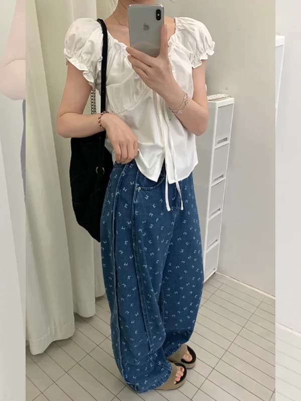 Loose Fit Wide Leg Blue Denim Jeans Women's Summer New Style Casual Slouchy Draped Long Pants High Waist Zipper Closure