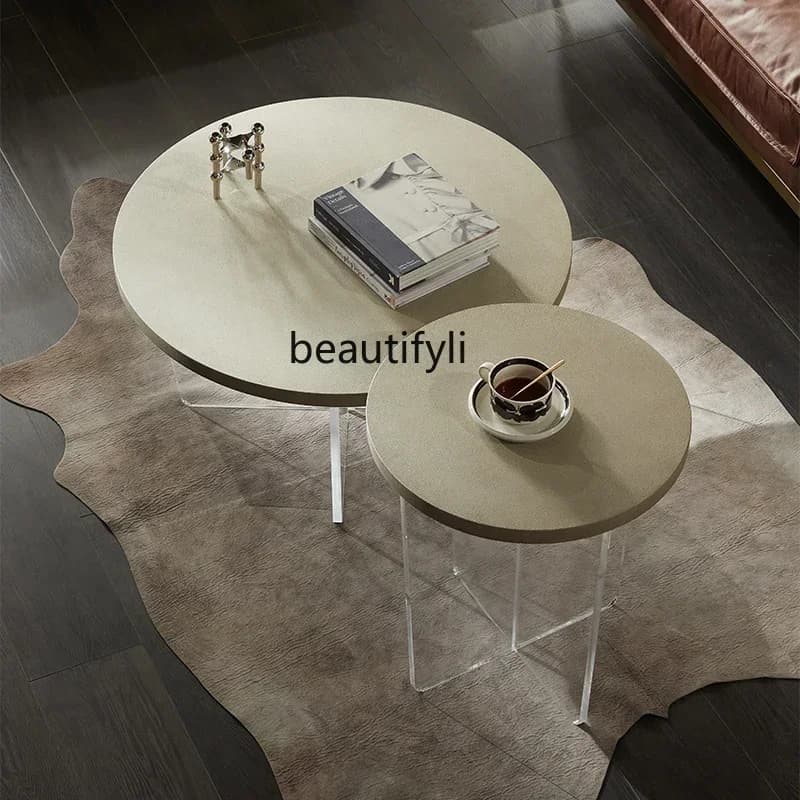 yj58 Nordic Modern Minimalist Living Room Small Apartment Coffee Table Combination Acrylic Cement Paint round Light Luxury