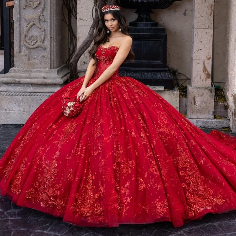 Abiti Quinceanera rossi lucidi Abito da ballo con spalle scoperte Applique Perline di pizzo Tull Sweet 16 Dress Abiti 15 De Anos