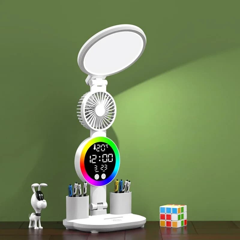 Rechargeable table lamp for study, desk lamp Reading lamp LED table lamp with fan, reading lamp for display with LED watch
