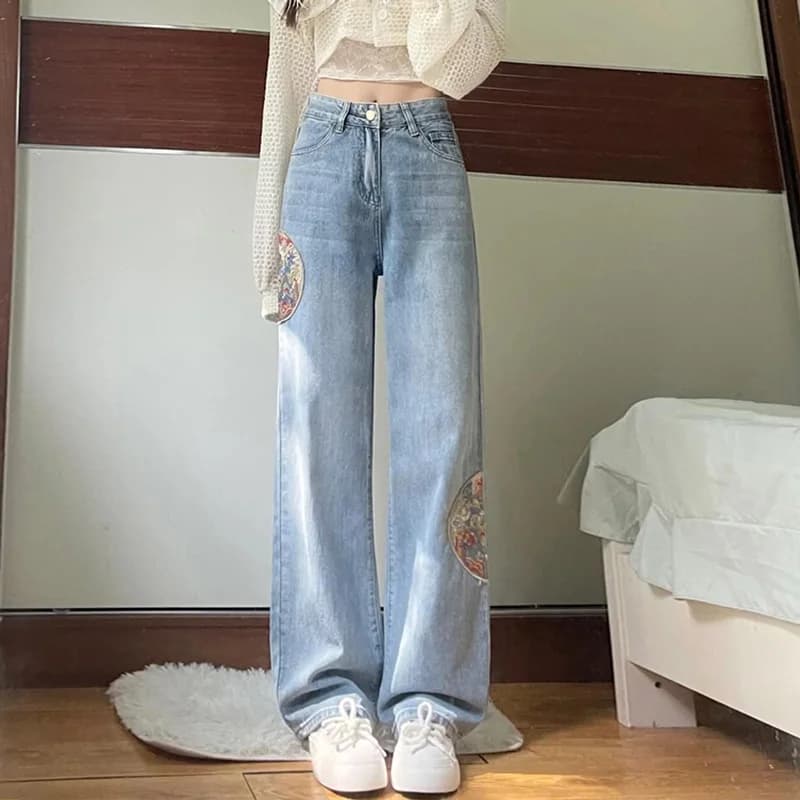 Nuovi Jeans a Vita Alta Stile Cinese, Pantaloni Larghi da Donna con Ricami e Taglio Dritto a Tutta Lunghezza