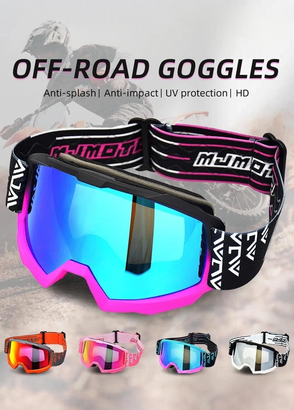 Off-Road Motorcycle Goggles Anti-Impact HD UV Protection Windproof Goggles Fit Over Glasses for Ski Dirt Bike Riding