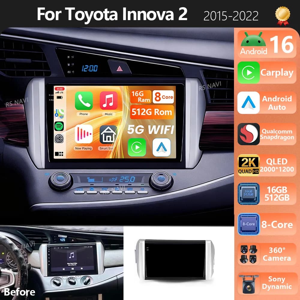 Autoradio Android 15 con Carplay e Auto Qualcomm, Schermo QLED 2K per Toyota Innova 2 2015-2022, DSP Multimedia Stereo BT Wifi 4G