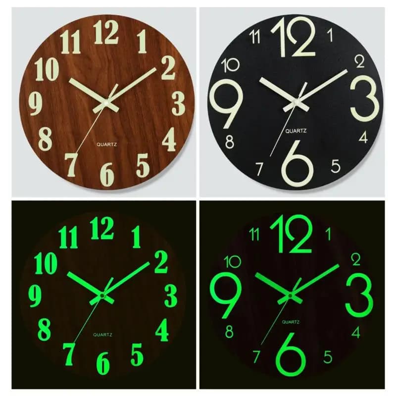 §8/12 Inch Luminous Wall Clock Wood Silent Light In Dark Night Nordic Fashion Wall Clock Non Ticking Clock With Night Light