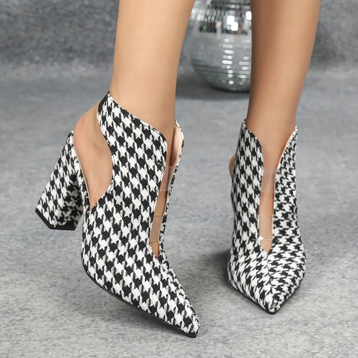 Fashion Houndstooth Cowboy Boots for Woman Autumn New High Heels Sandals Design Transparent Straps Elastic Botines Mujer