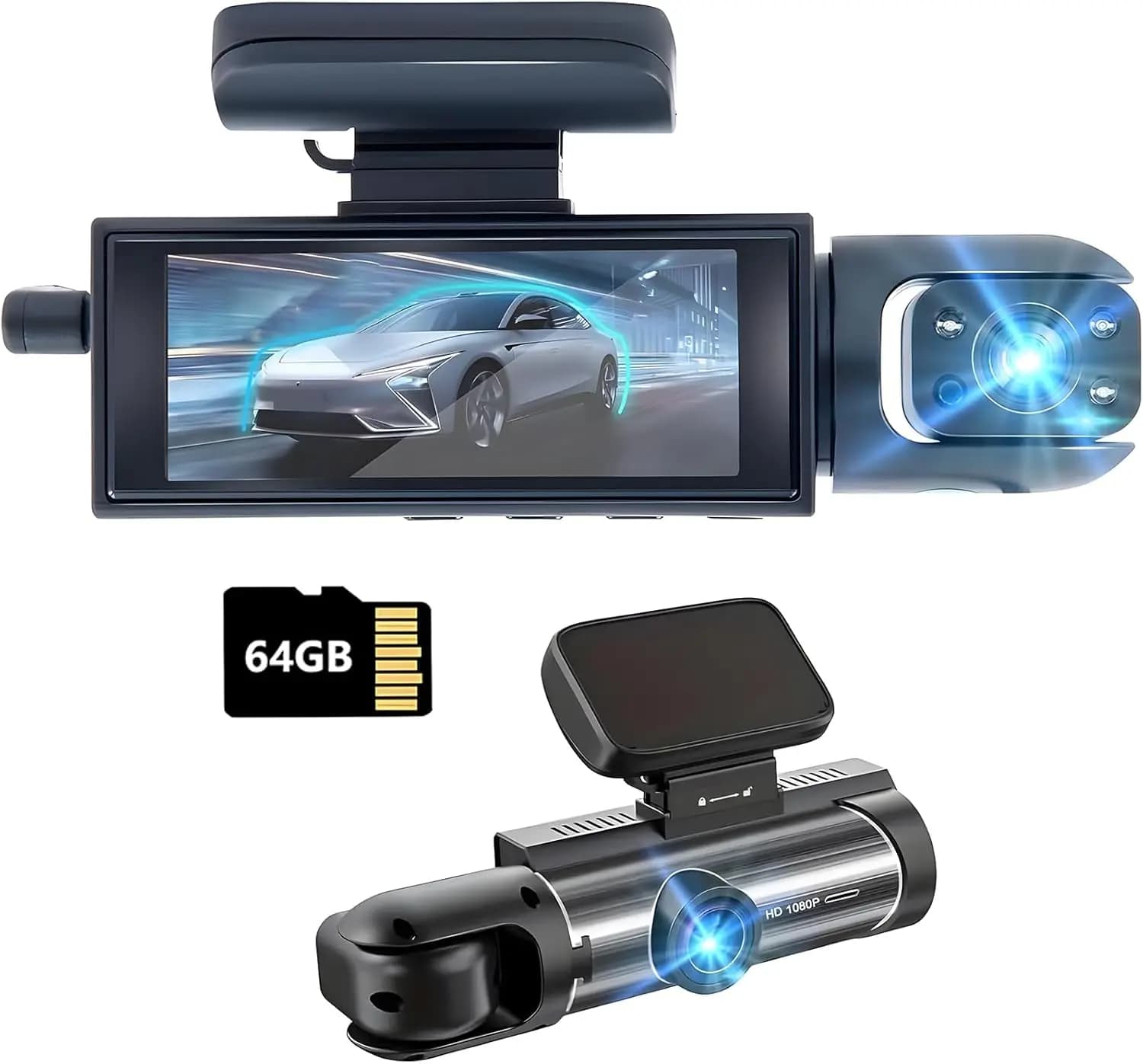 Dash Cam Front and Interior, Car Cameras with 64G Card, Traffic Recorder, Night Vision IR, Loop Registration, Sensor G, 24 Hours