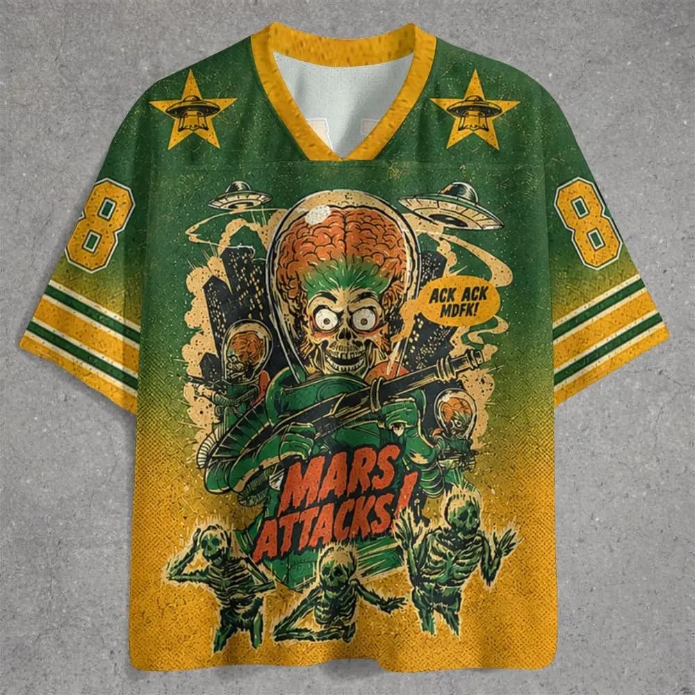2026 Men Retro Alien Invasion Comic Graphic Jersey,Vintage Mars Creature UFO 3D Print V‑Neck Short Top, Halloween Streetwear Tee