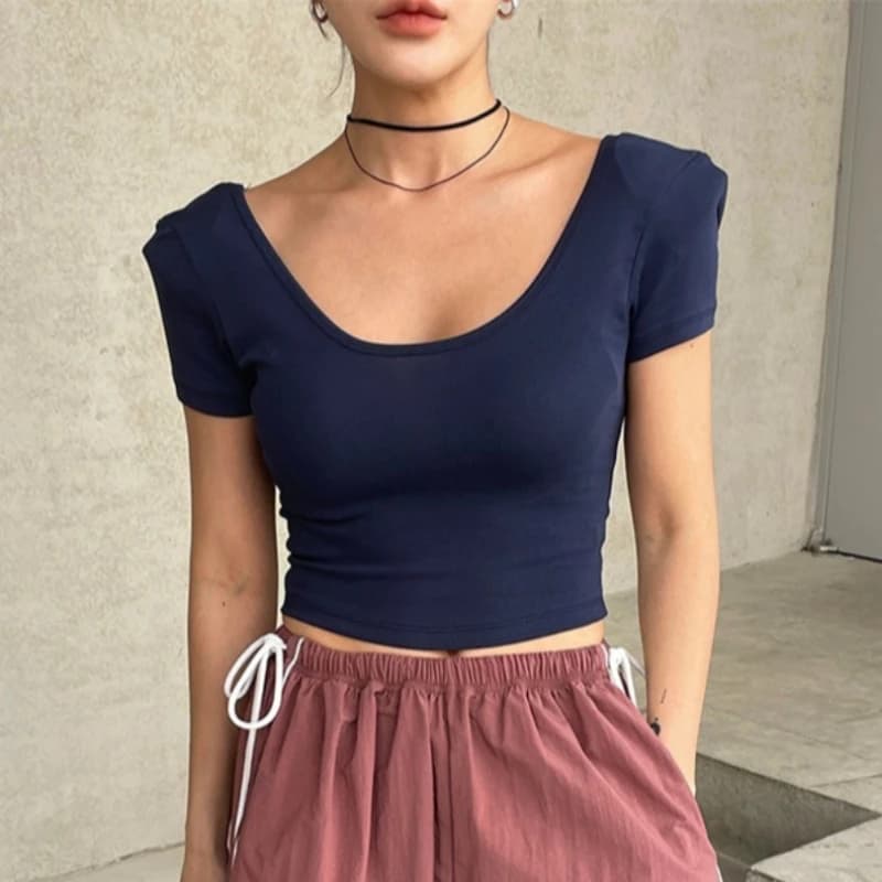 Korean Women 2026 Summer Sports Casual Crop Top Double U-Neck Short Sleeve Shoulder Pad T-shirt Solid Slim Simple Versatile Tees