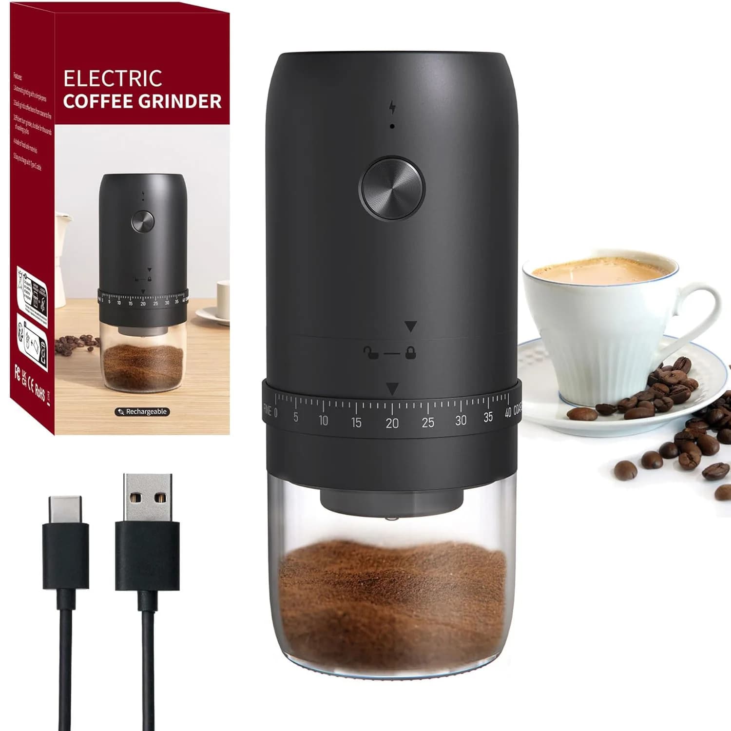 Macinacaffè Elettrico Ricaricabile con 40 Livelli di Regolazione Esterna, Portatile per Uso Domestico, Mini Macinacaffè Elettrico per Caffè Filtro