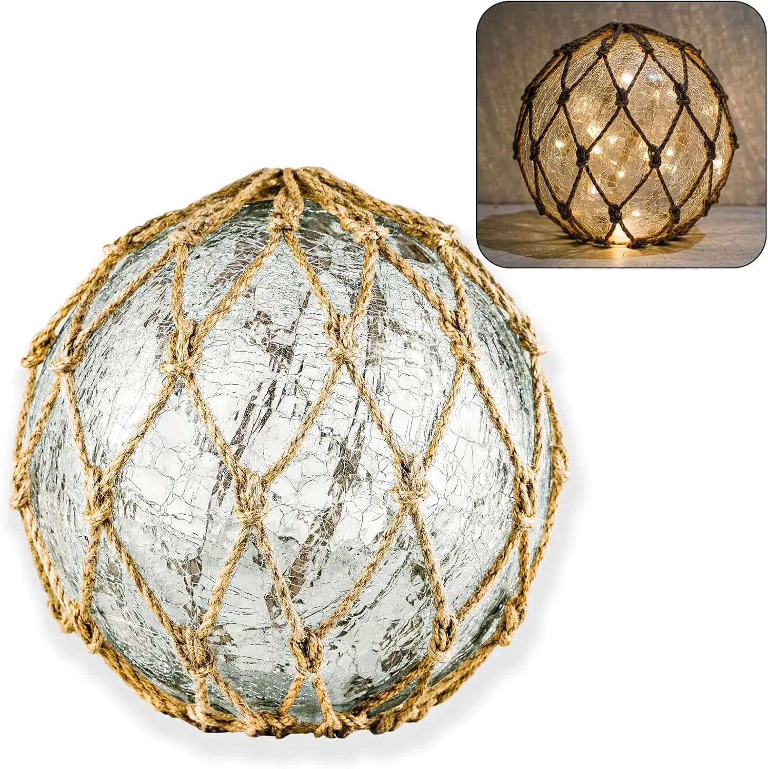 Lampada Nautica con Sfera di Vetro Rotto e Corda di Iuta, 22 cm, Luce Notturna Decorativa per Spiaggia e Coste