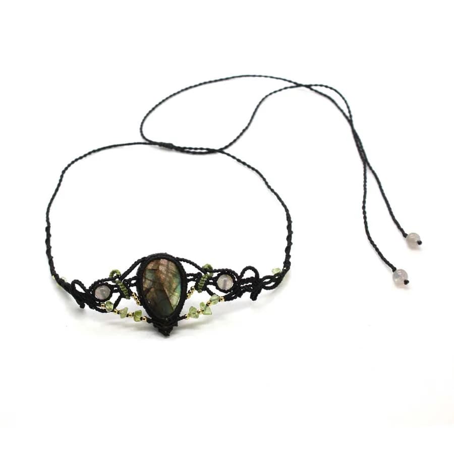 Braided Macrame Labradorite Stone Pendant Necklace for Women Natural Spectrolite Stone Handmade Rope Wrapped Weave Chain Jewelry