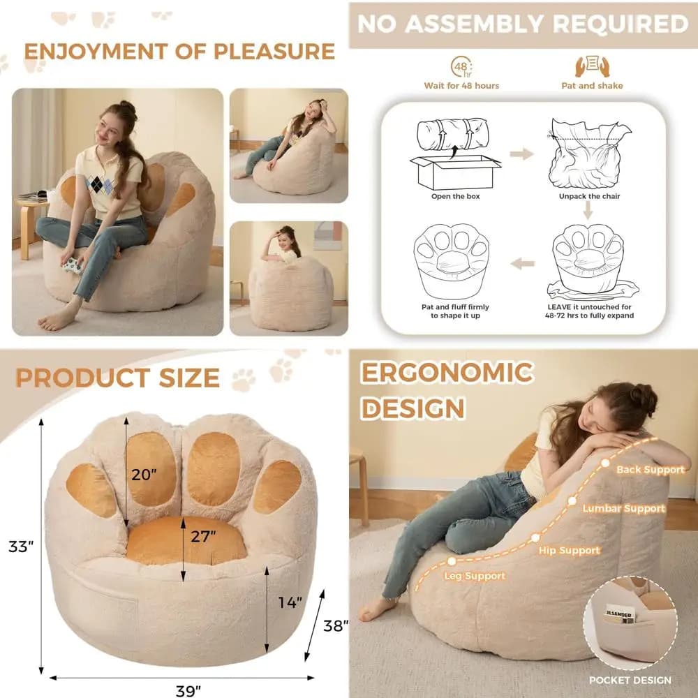 Poltrona Sacco Imbottita in Memory Foam per Adulti e Adolescenti - Divano da Terra a Forma di Zampa di Gatto per Lettura, Gaming e Relax in L