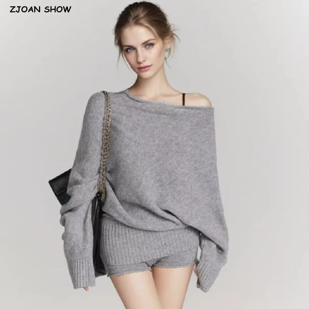 Sexy Women Knitted Diagonal One Shoulder Sweater Full Bat Sleeve Oversize Pullover Package Hips Mini Shorts Suits 2 pieces 1 Set