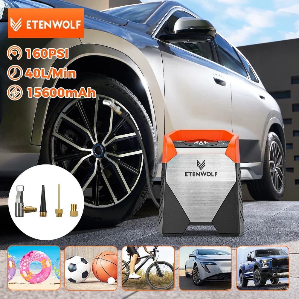 ETENWOLF ZEPHYR S3/S5 Gonfiatore portatile per pneumatici Ciclo di lavoro al 100% 7800/15600mAh Compressore d'aria per auto Bici Palle Pompa d'aria (Nuovo)