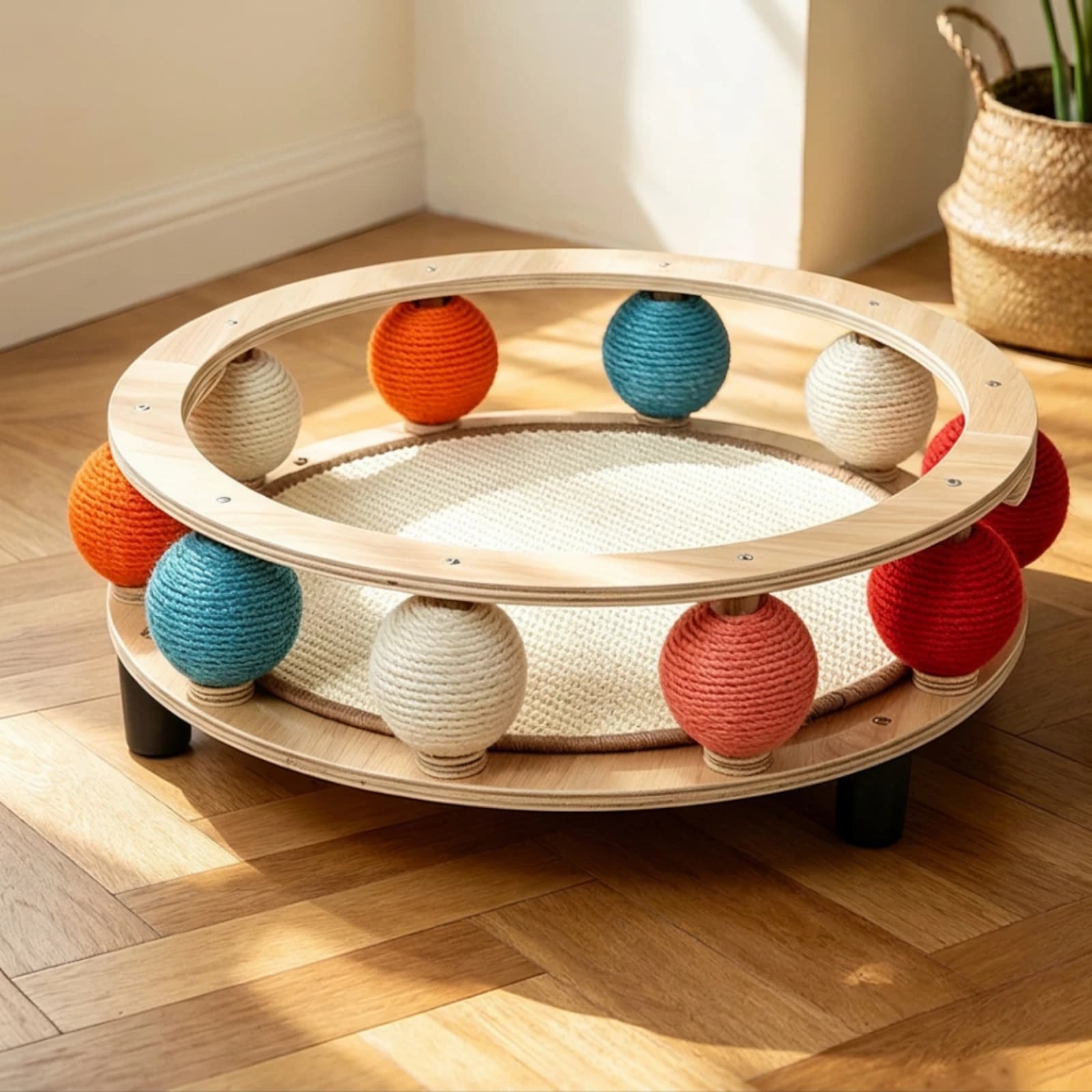 Cat Bed with Scratcher Balls Solid Wood Wooden Cat Bed Pet Furniture Natural Sturdy for Cats, Living Room, Bedroom