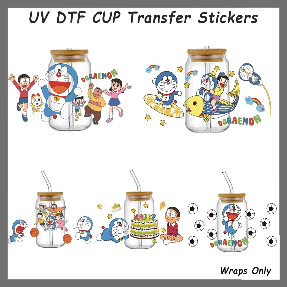 Kawaii Cartoon Blue Cat Football Print UV DTF Cup Wrap Waterproof DIY Cute Soccer Cartoon Cat Transfer Sticker for Tumbler 16oz