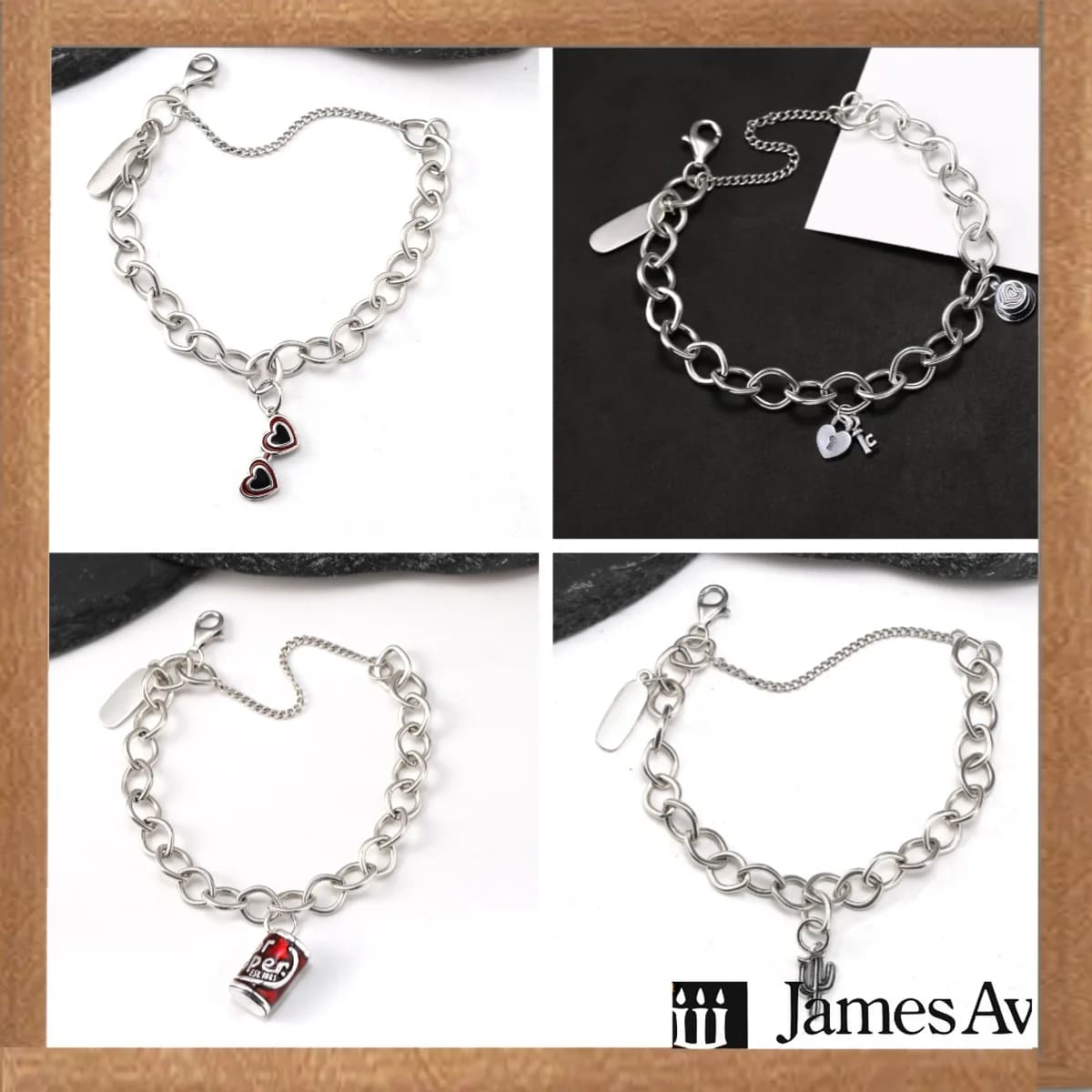 S925 Silver Vintage Oxidized Charm Bracelet Double Red Heart Lock Key Soda Can Cactus Pendant Jewelry Gift for Women