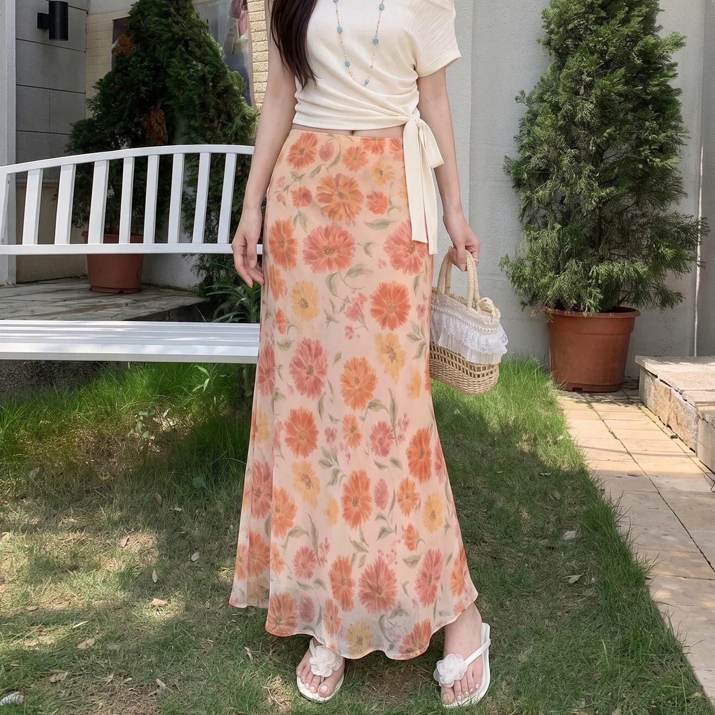 Seoulish 2026 Summer New Sweet Floral Chiffon Skirt Women High Waist Slim A Line Mermaid Elegant All Match Casual Long Skirts