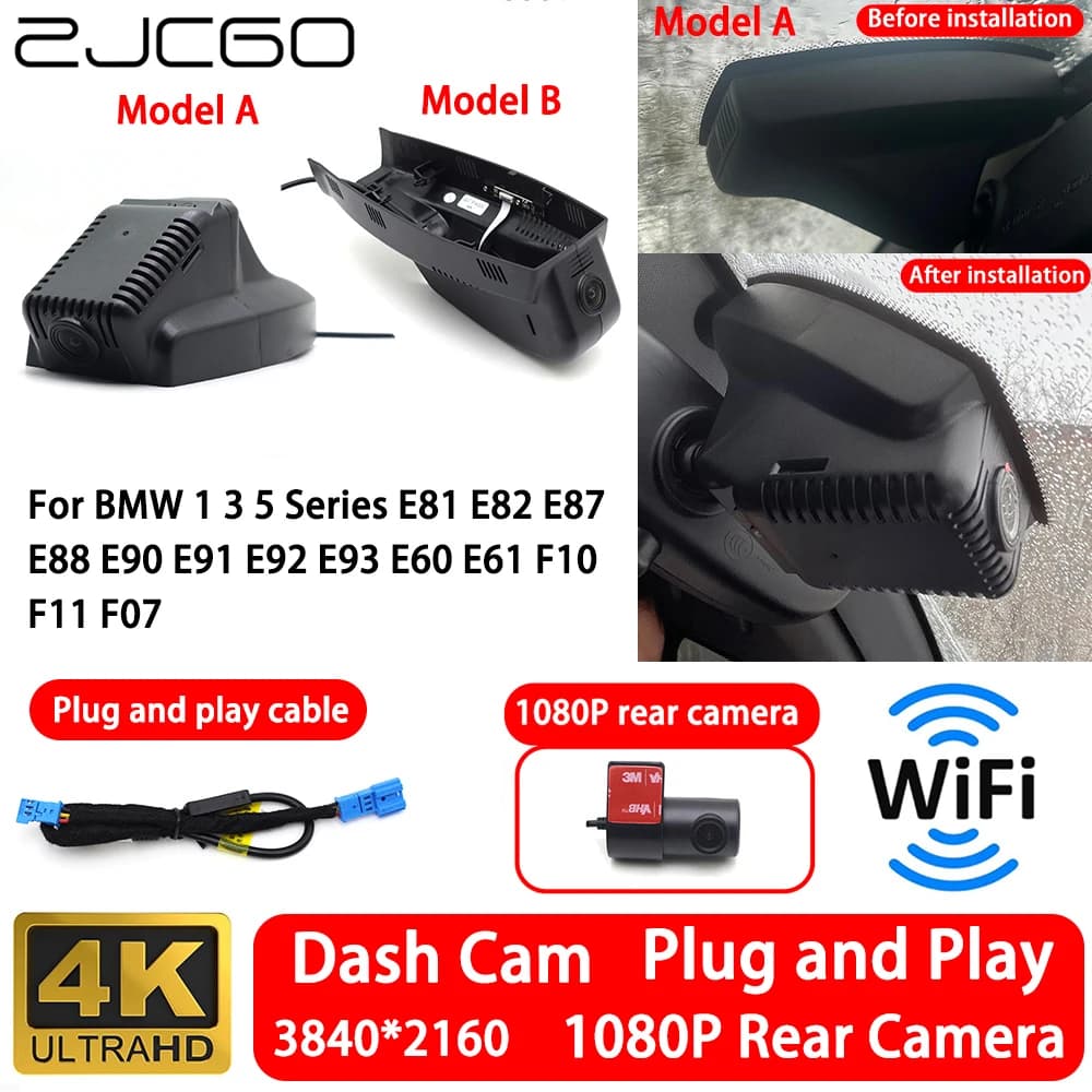 Telecamera Anteriore e Posteriore 4K per BMW Serie 1 3 5 E81 E82 E87 E88 E90 E91 E92 E93 E60 E61 F10 F11 F07, Dash Cam WiFi Plug and Play
