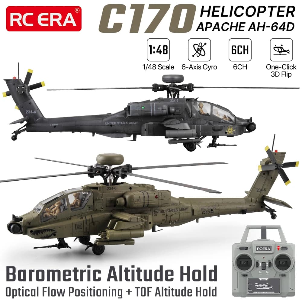 RC ERA 1/48 RC Helicopter 6CH Apache Plane One Key 3D Flight TOF Laser Optical Flow Altitude Hold One Key Takeoff Landing