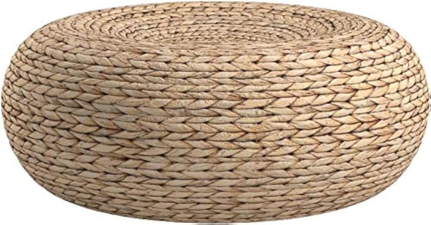 Handmade Straw Flat Floor Pouf Cushion, Round Ottoman Foot Stool for Meditation and Yoga, 15.7" Diameter x 6.3" Height