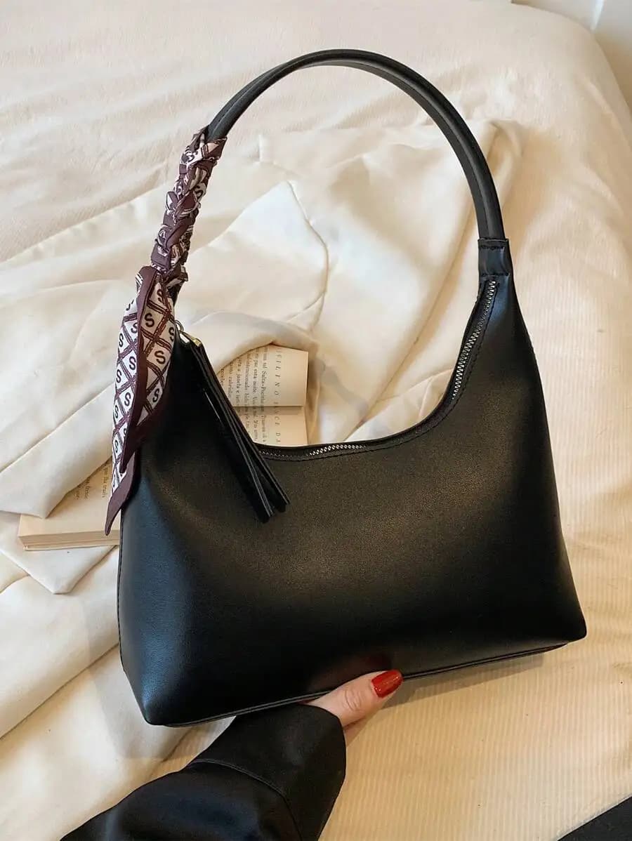 Bow Decor Skinny Scarf Hobo Bag Medium Zipper Black, Business Casual Woman Perfect For Office