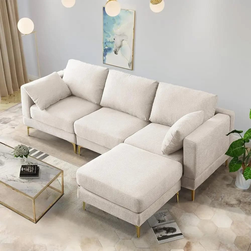 Luxurious L-shaped sofa 92.9 with 3 seats, ottomans, pillows, golden legs for living room, beige