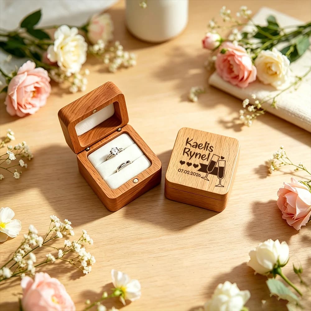 Scatola per Anelli in Legno con Incisione Laser Personalizzata, Nome e Data Personalizzabili, Slot Singolo o Doppio Opzionale, per Proposta di Matrimonio