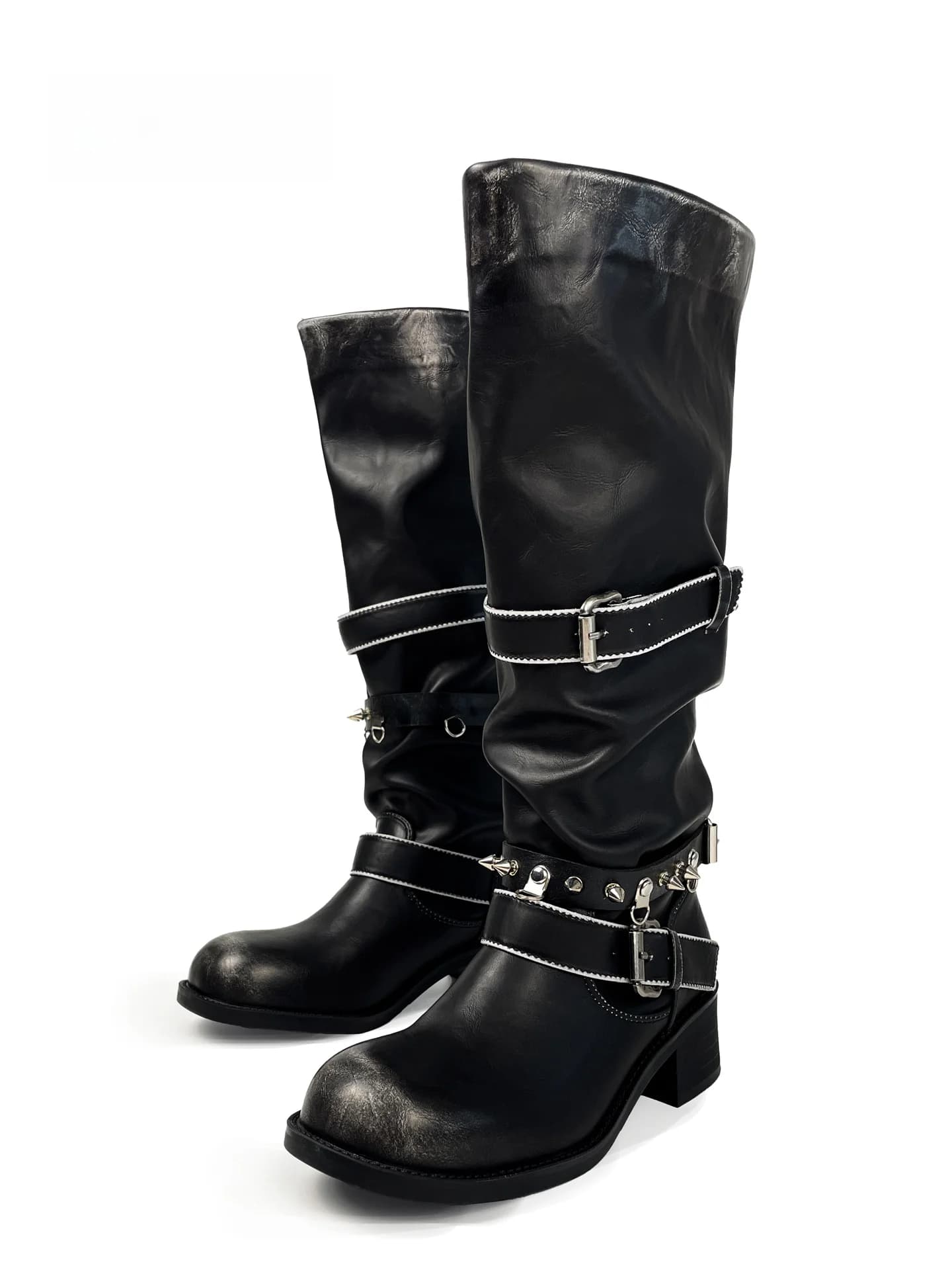 Mib'Vias Original Long Tube Fashion Boots Women's Belt Buckle Pleated Color Block Thick Heel Retro Cool Stack Boots